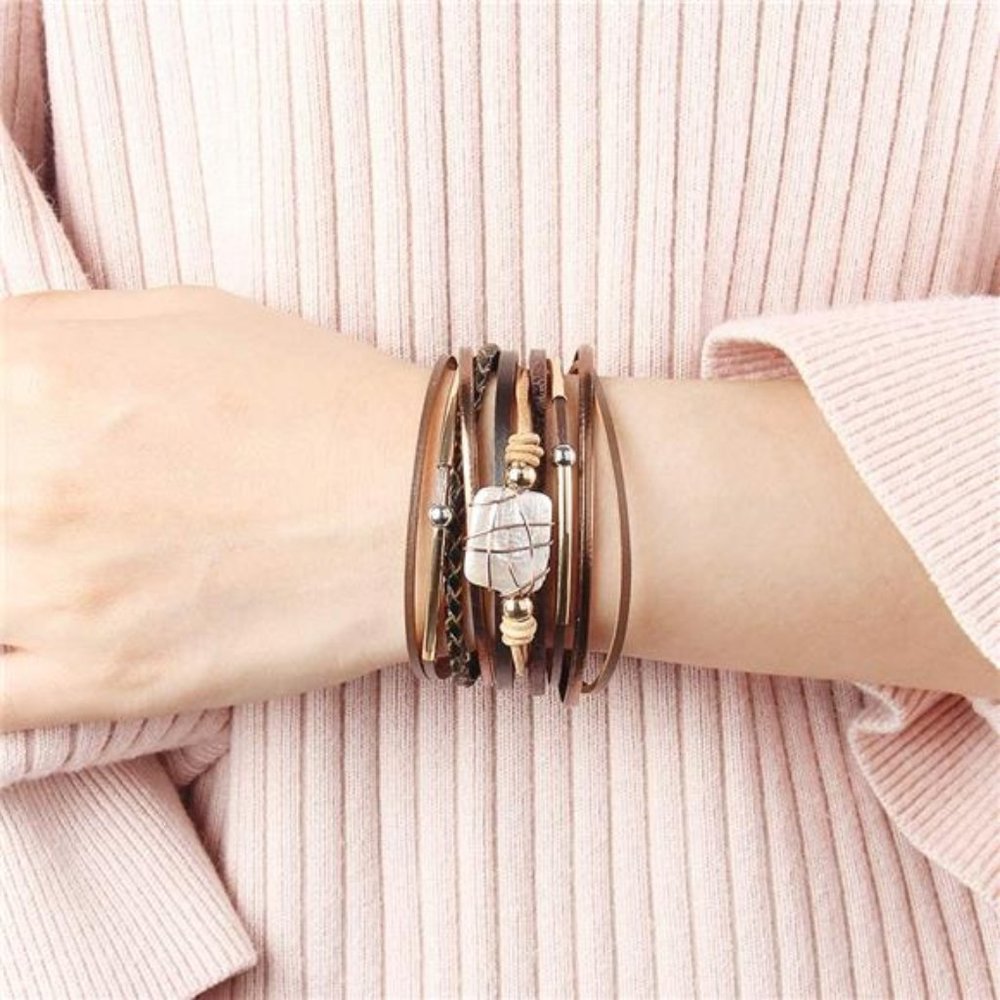 Leather Cuff Bracelet with Baroque Pearls and Gold Accents